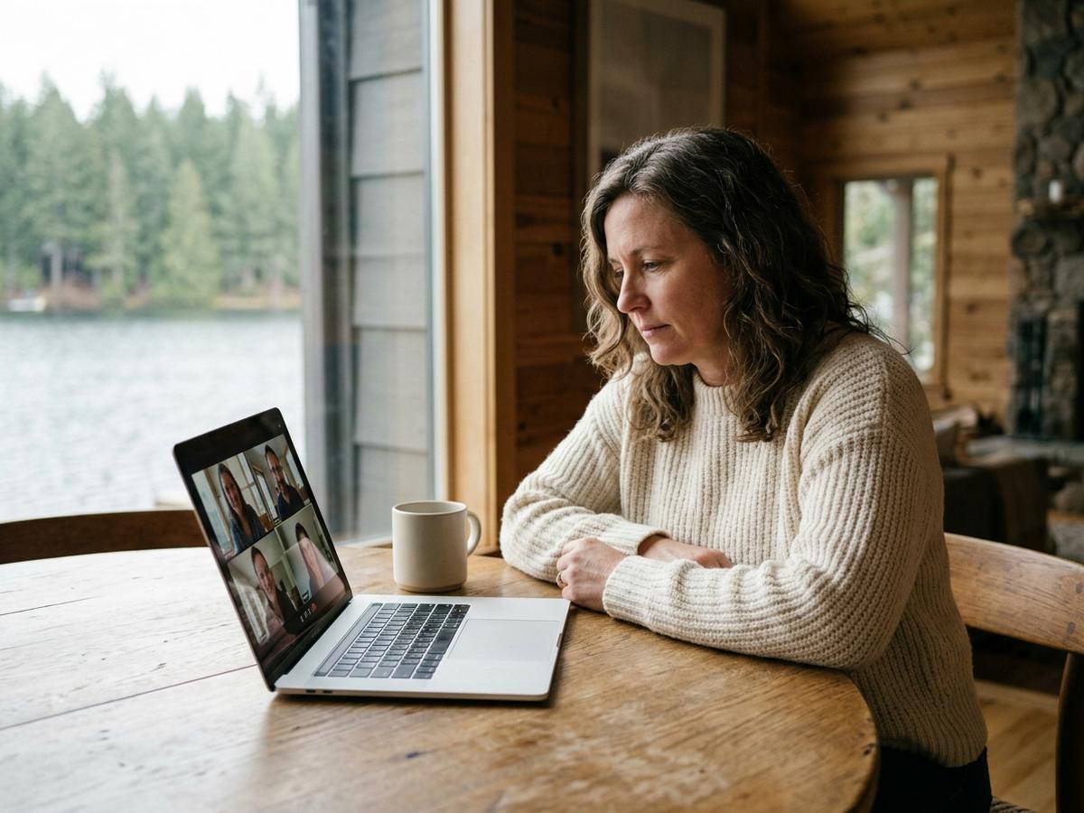 A woman in her late forties at her kitchen table on a family video call, arms folded and quietly left out, a laptop showing a grid of relatives