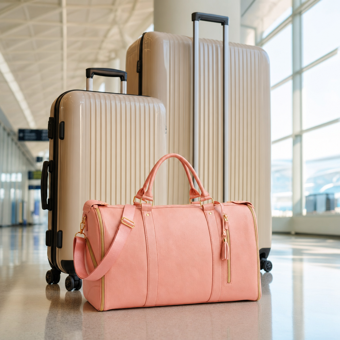 The rose pink Luhxe bag next to two bulky suitcases, showing how much smaller it packs