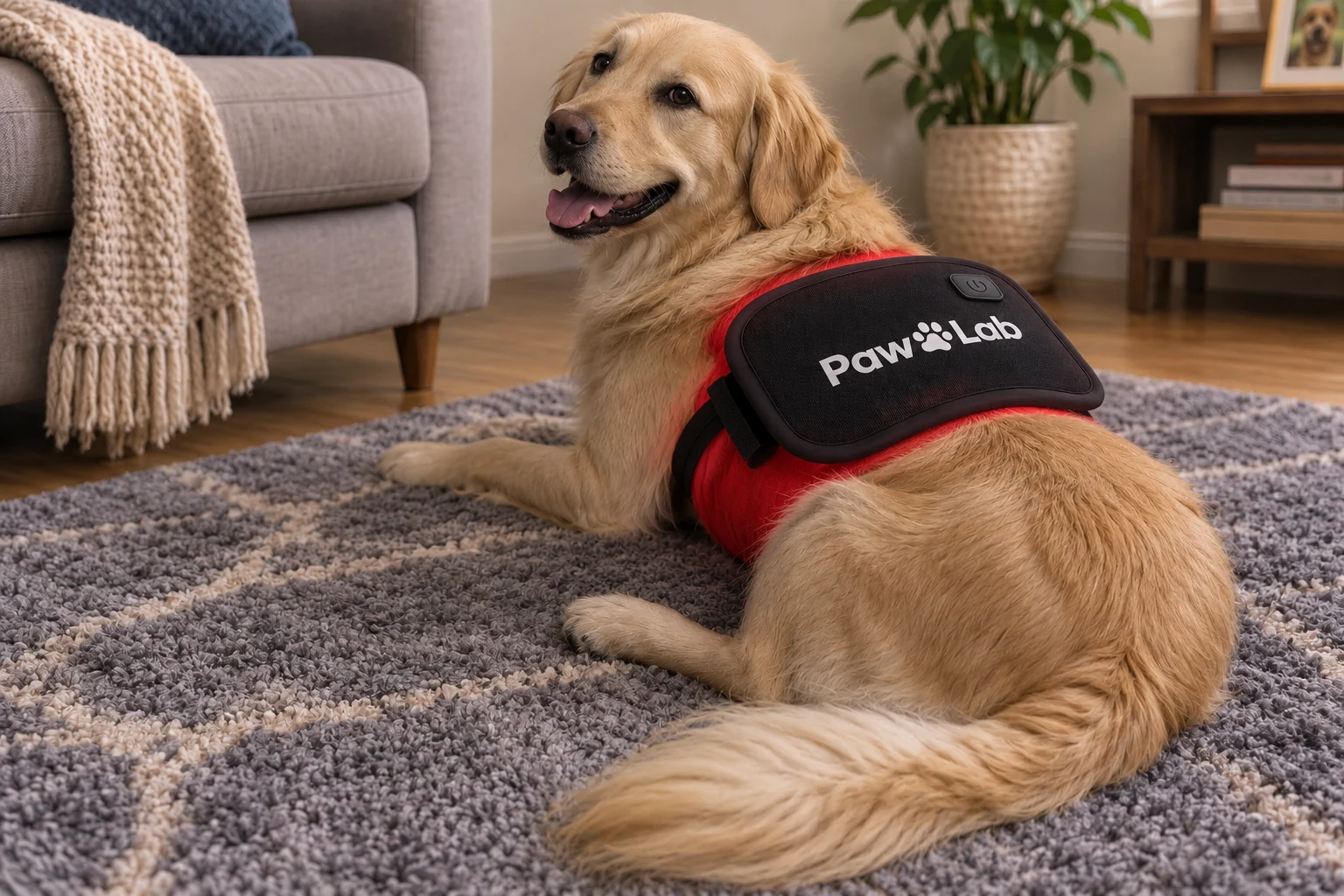 Dog resting with a PawLab red light therapy pad strapped on