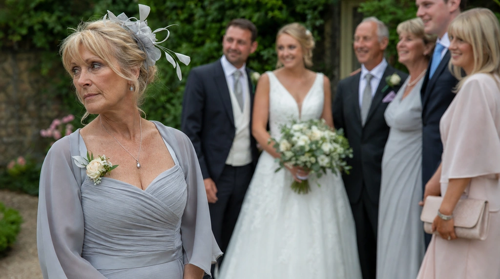 A woman in her fifties at her daughter's wedding, standing slightly out of the group photo