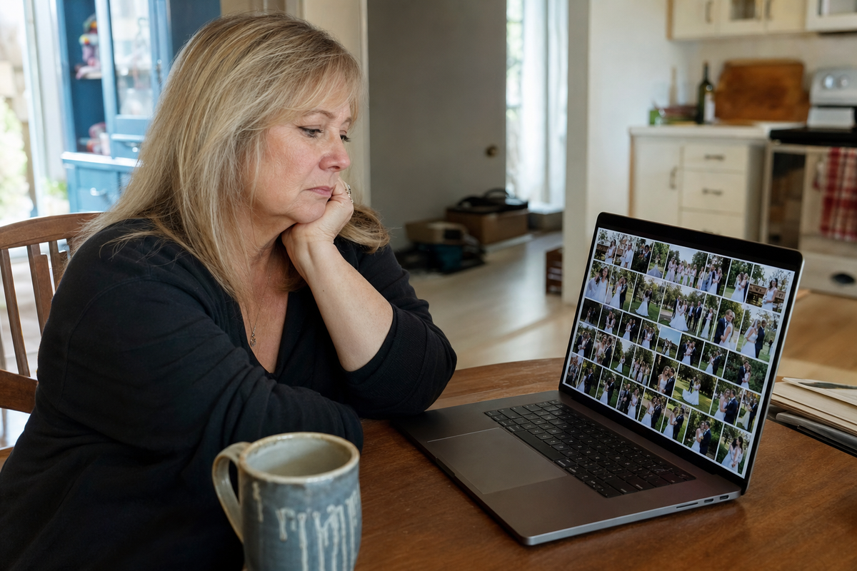 A wedding proof gallery open on a laptop, showing rows of photo thumbnails