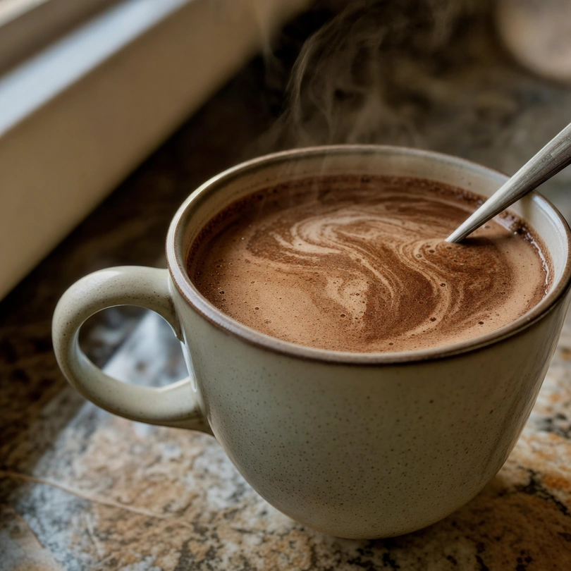 Close-up of the Elavate chocolate collagen powder being stirred into a warm cup