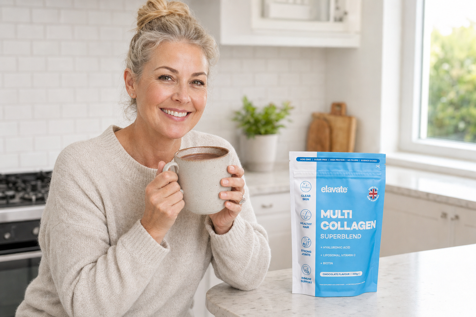 Woman enjoying a warm cup of Elavate chocolate collagen