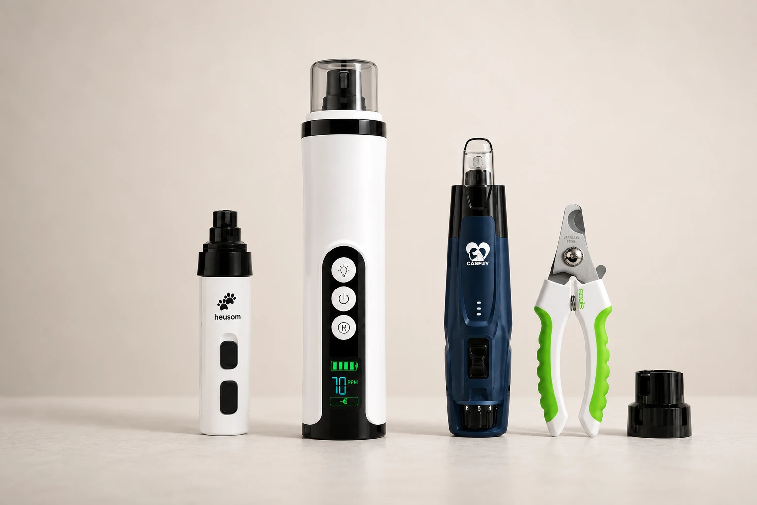Rhykin PrecisionPaw, Heusom, Casfuy and Andis dog nail grinders lined up for testing
