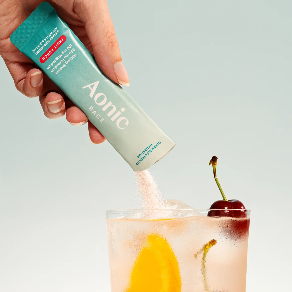 Close view of an Aonic Race electrolyte stick pack