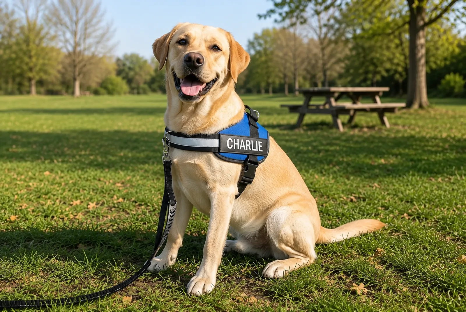Dog wearing the Dogshood front-clip harness at the park