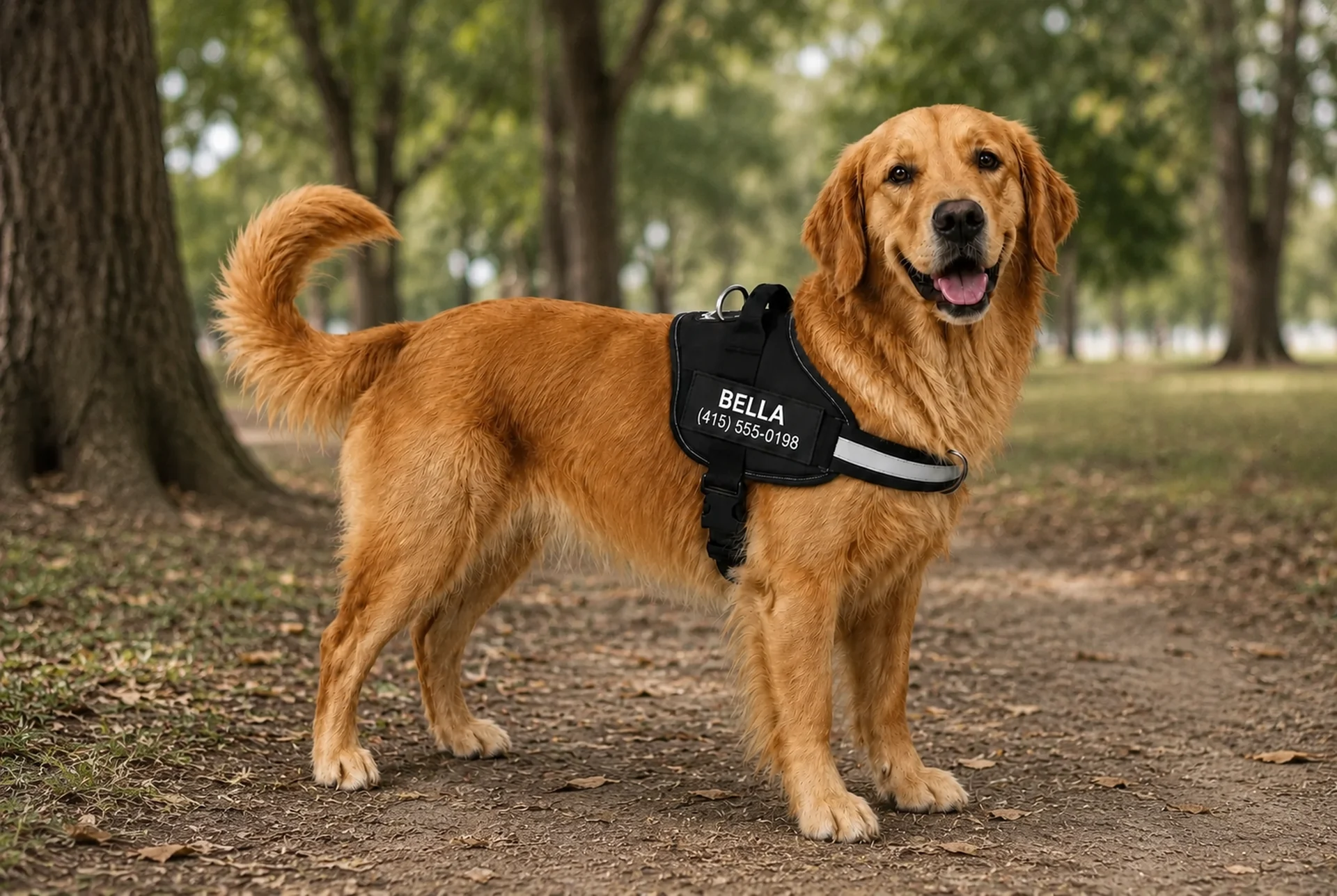 Dog wearing the Dogshood harness on a walk in the park
