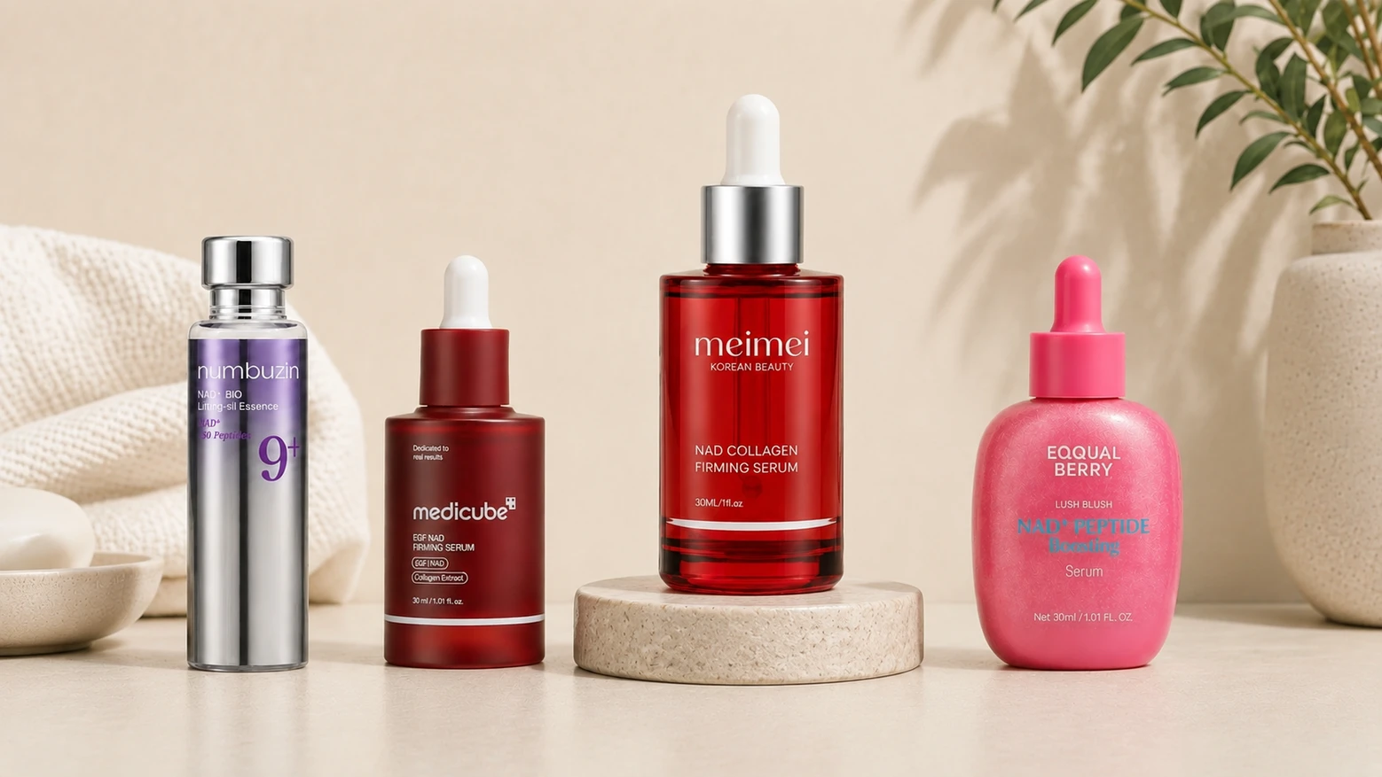 Four EGF and NAD⁺ firming face serums lined up side by side for a 90-day test
