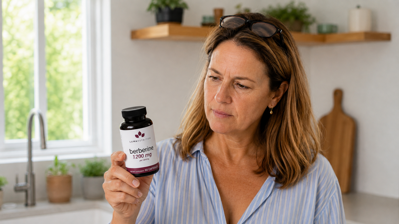 A woman reading the dose printed on the Luma Nutrition berberine label.