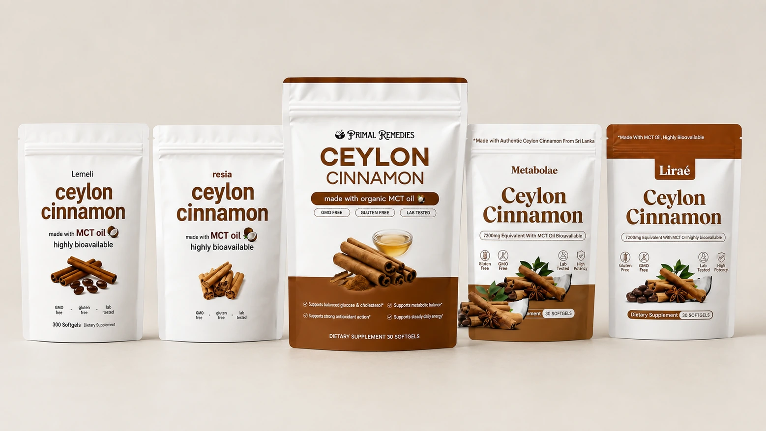 Five Ceylon cinnamon supplement pouches lined up side by side for a 90-day test