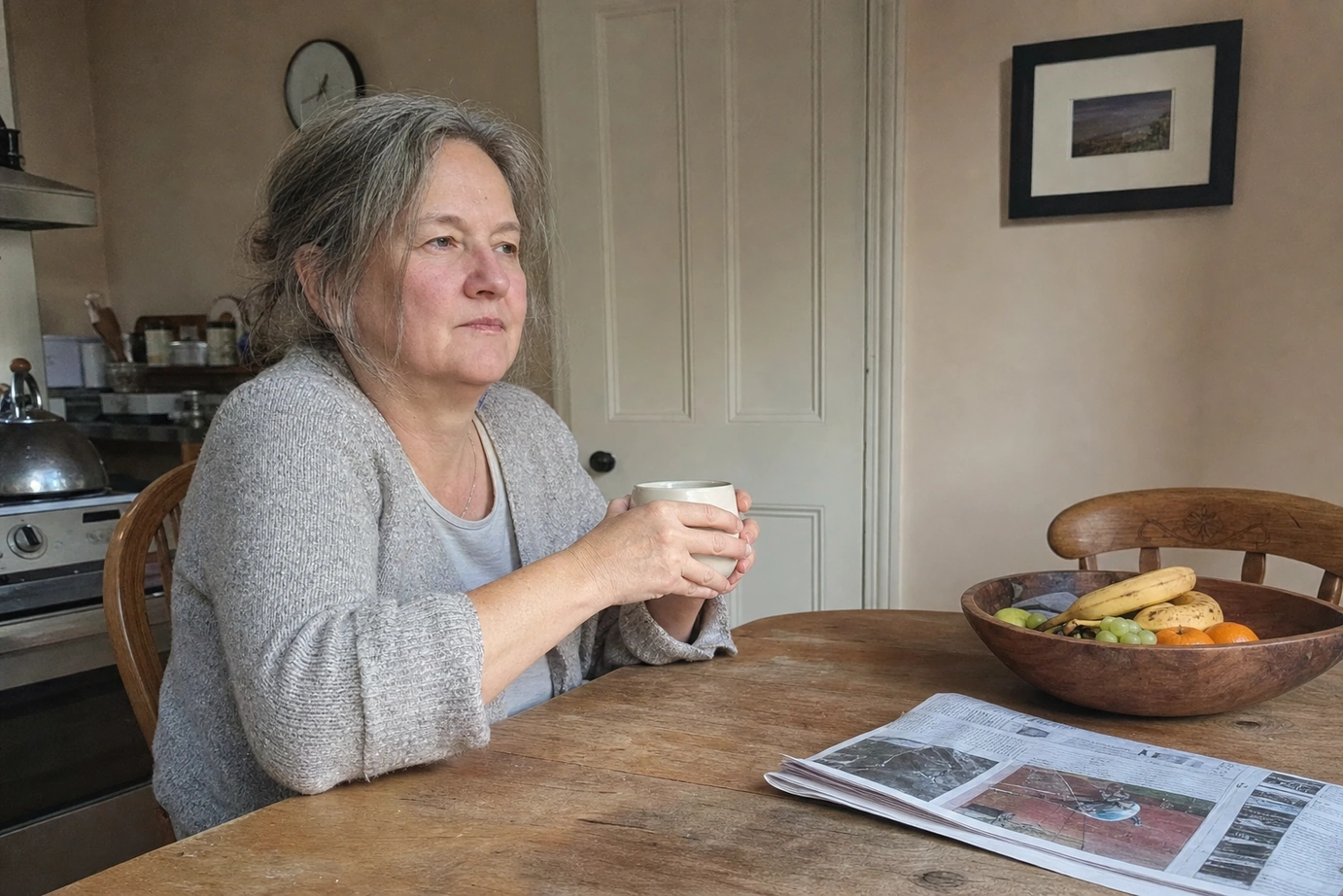 Diane Fletcher taking notes at her kitchen counter during the 90-day Ceylon cinnamon supplement test