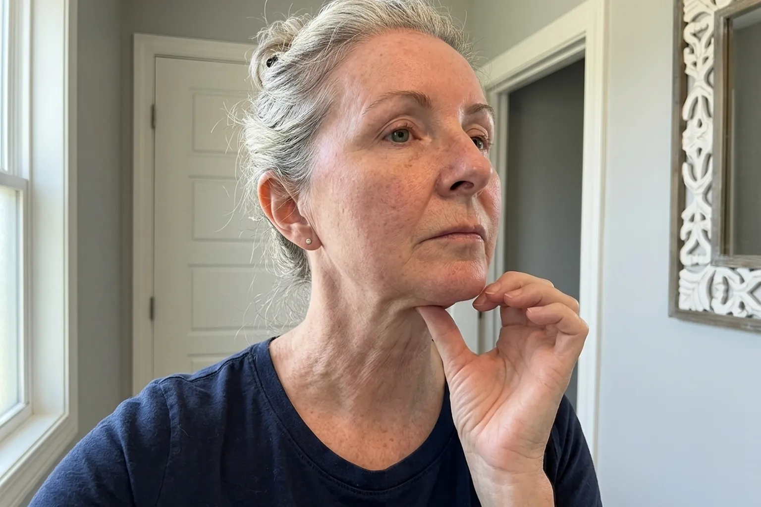 Woman in her sixties at the mirror, pulling at the loose skin under her jaw and looking at her softening jawline and neck