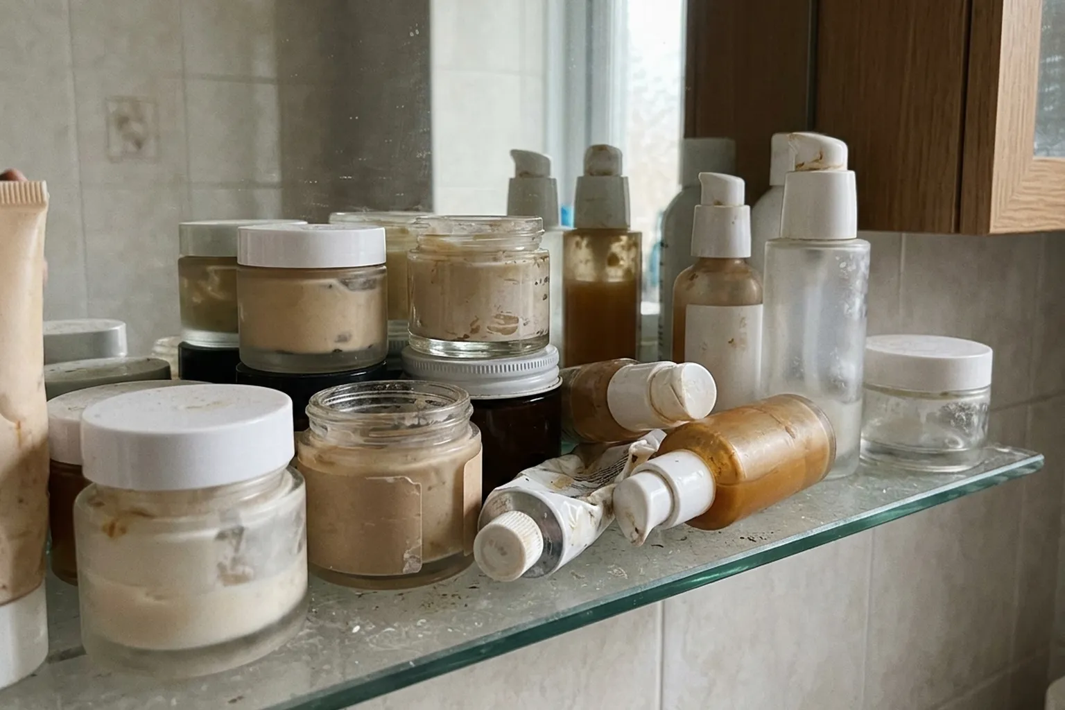 A bathroom shelf crowded with half-used anti-ageing creams and serums, the shelf the mask replaced
