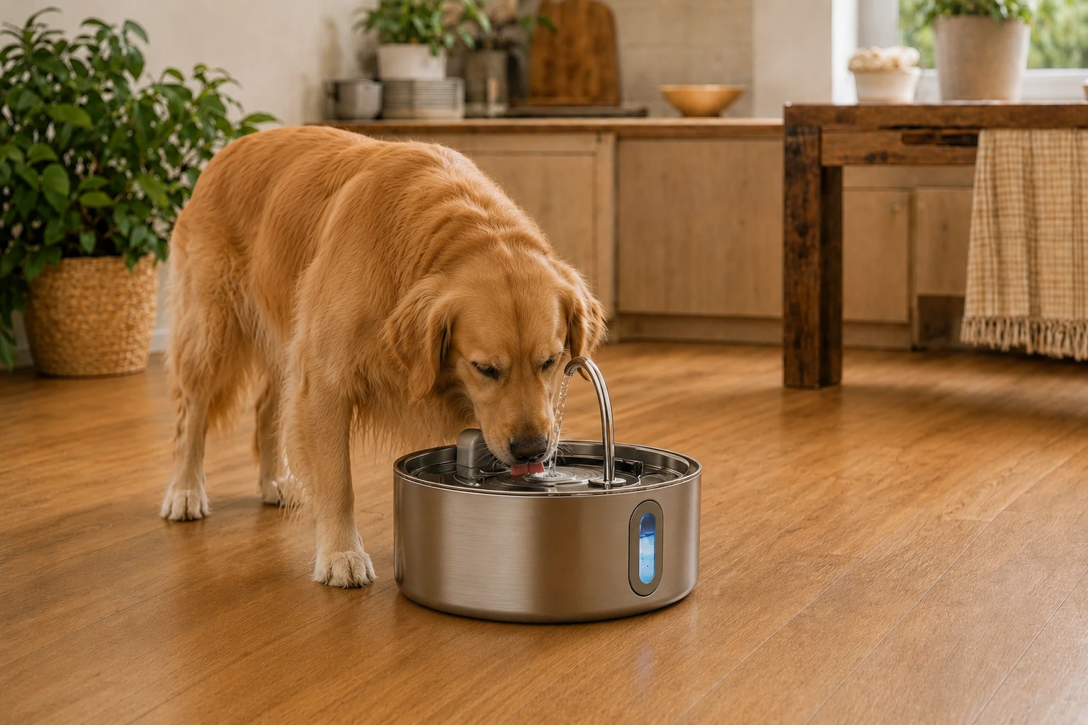 Dog drinking from a PawLab PureFlow stainless steel water fountain
