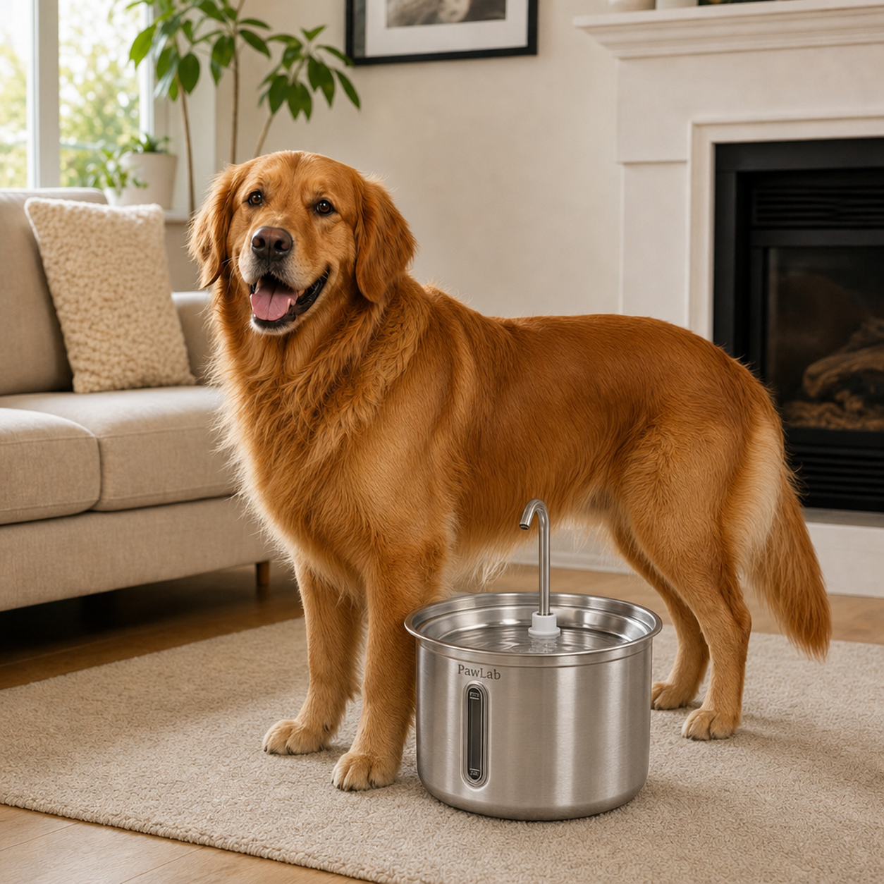 Large steel water bowl beside a big dog