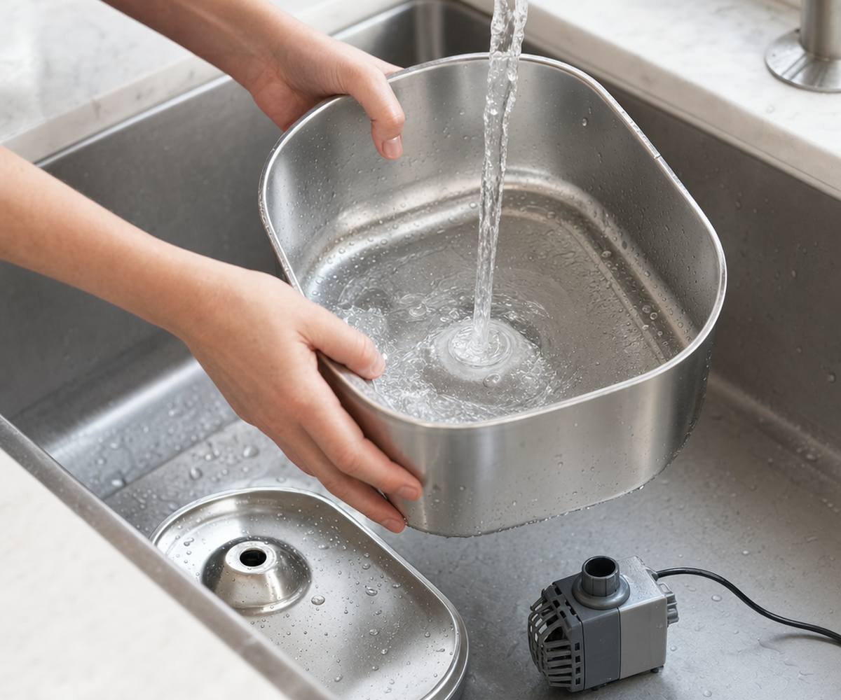 Fountain taken apart for rinsing at the sink
