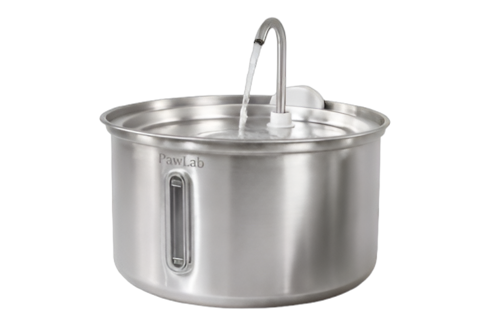 PawLab PureFlow stainless steel pet water fountain with water flowing into the bowl