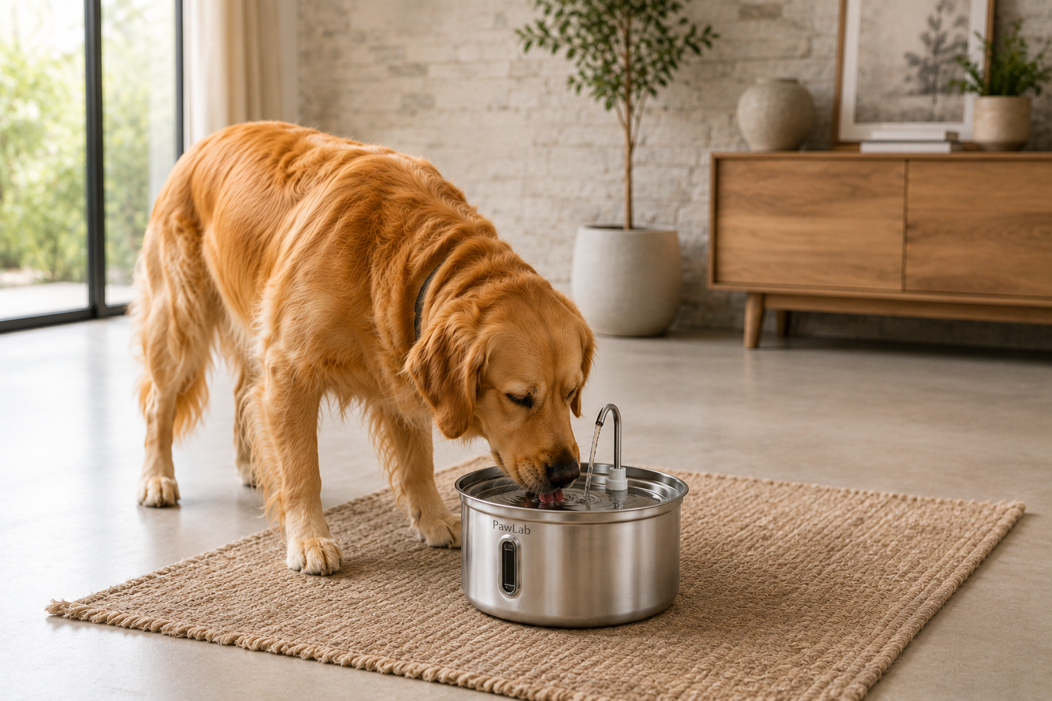 Dog drinking from a flowing water fountain