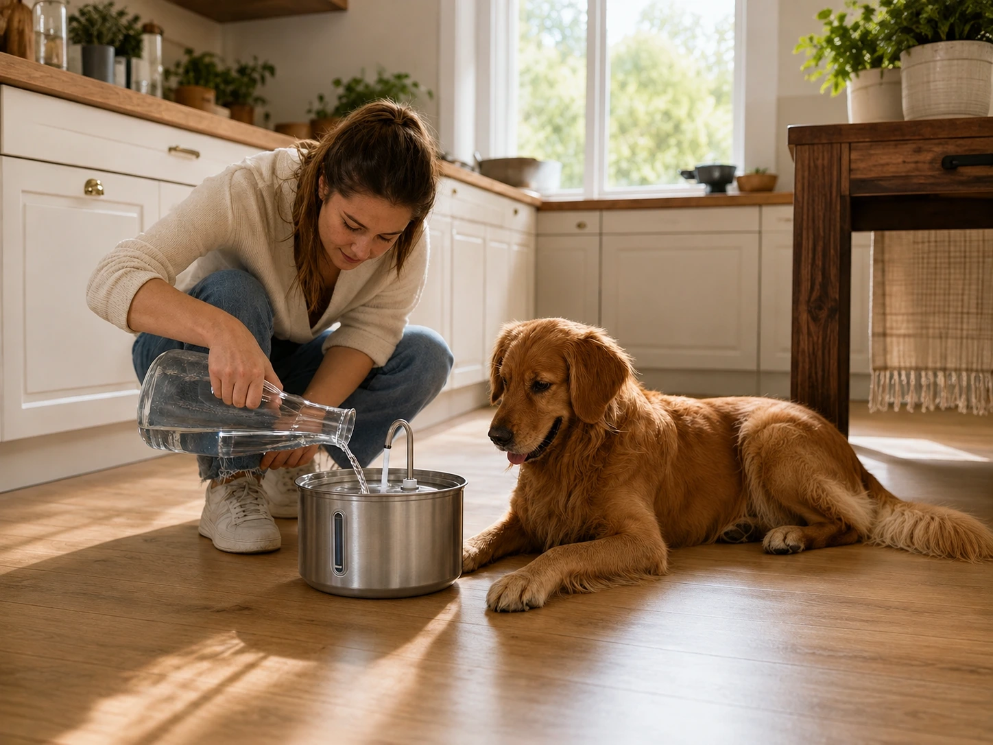 Refilling the PawLab PureFlow stainless steel water fountain in a kitchen while a dog waits