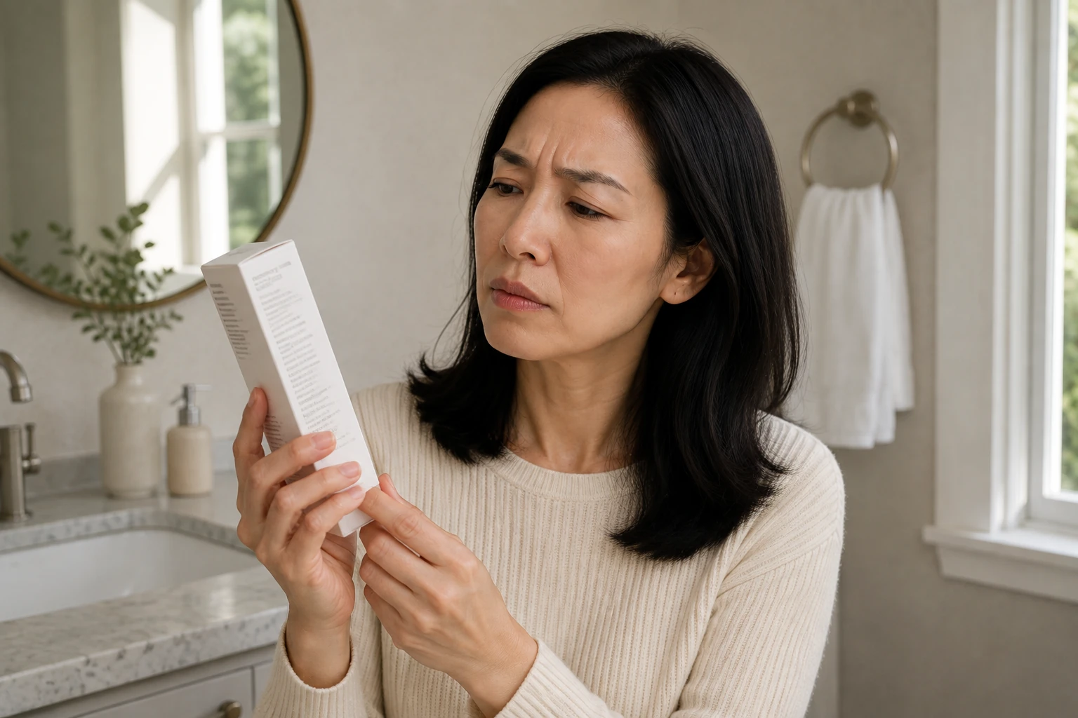 A woman frowning as she reads the ingredient list on the back of a serum carton