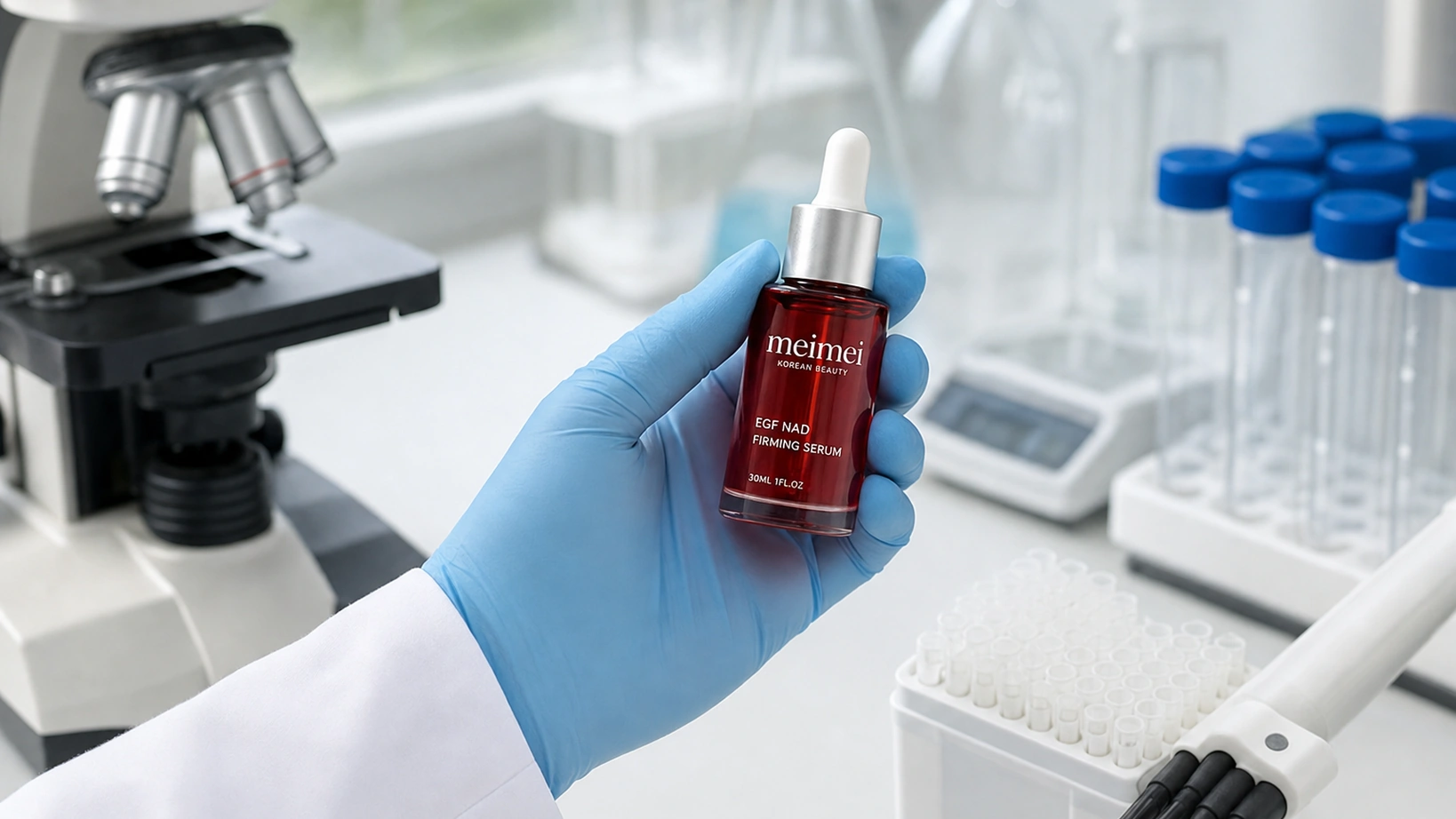 A cosmetics testing lab bench with the serum bottle beside the equipment.