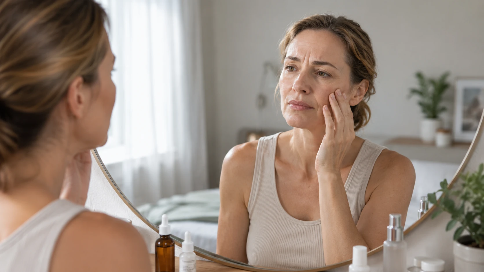 A woman at her mirror pressing a hand to her cheek, checking her skin weeks into a routine
