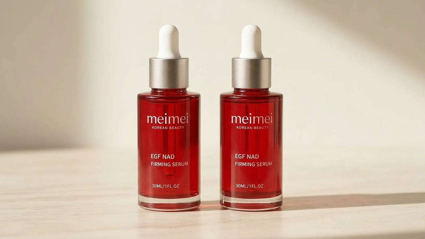 Two EGF NAD+ Firming Serum glass dropper bottles side by side on a sunlit bathroom counter