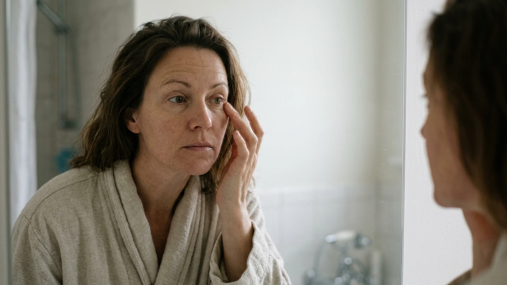 A woman in her forties close to her bathroom mirror, fingertips at the outer corner of her eye, studying her fine lines