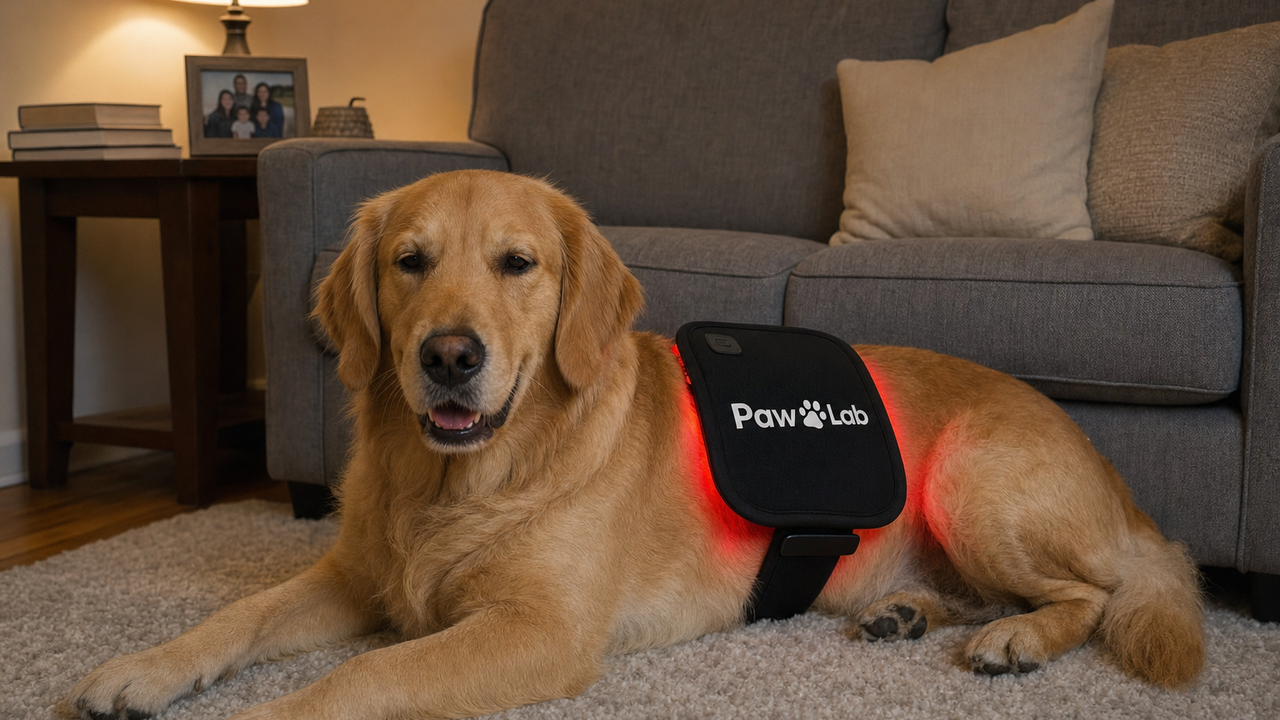 A golden retriever resting on the rug with the wrap strapped over her lower back, red light showing at the edges