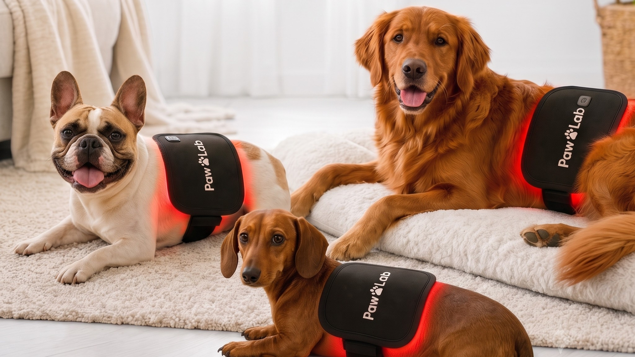 A French bulldog, a dachshund and a golden retriever resting at home, each wearing the pad