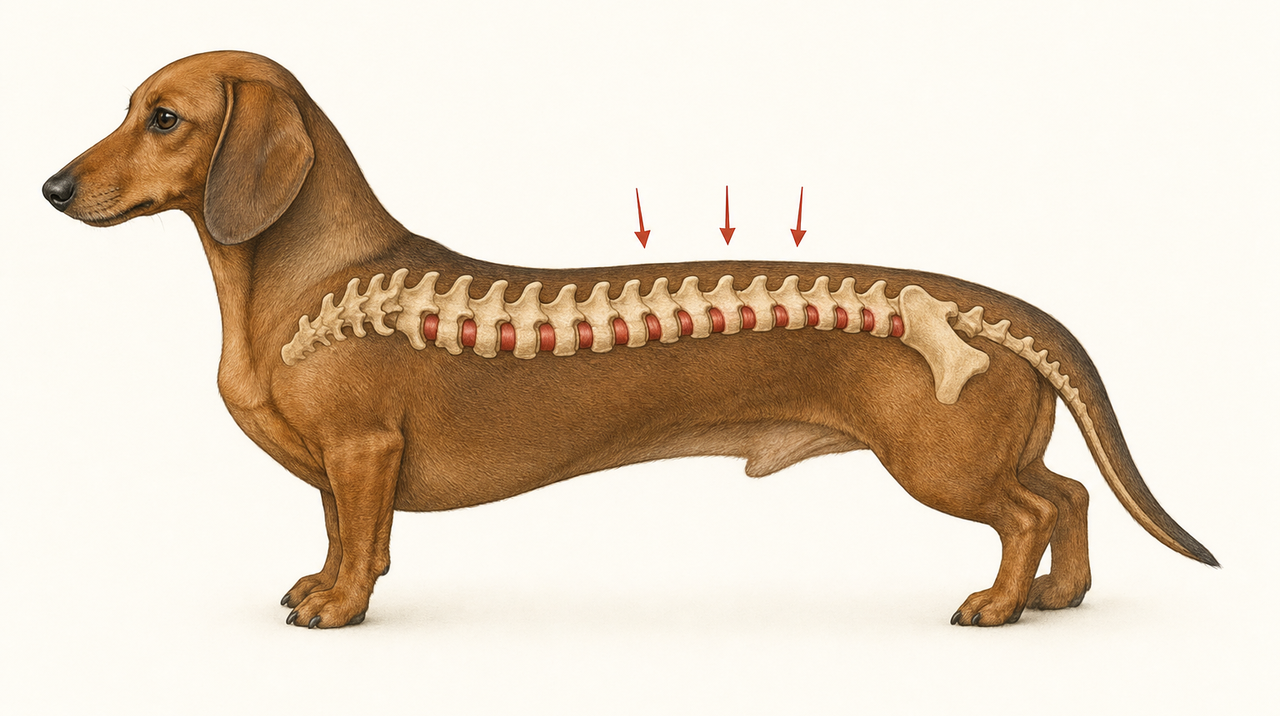 A dachshund seen from the side with its spine and the discs between the vertebrae picked out, arrows showing the load falling on the middle of the long back