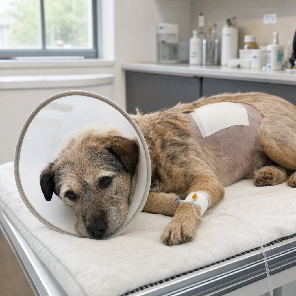 Dog resting after spinal surgery