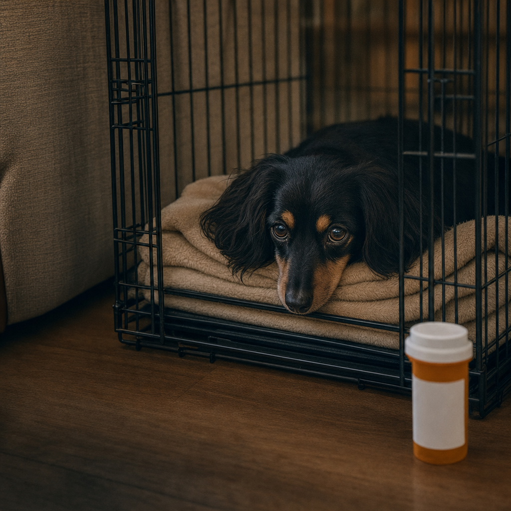 Dog kept in a crate through recovery