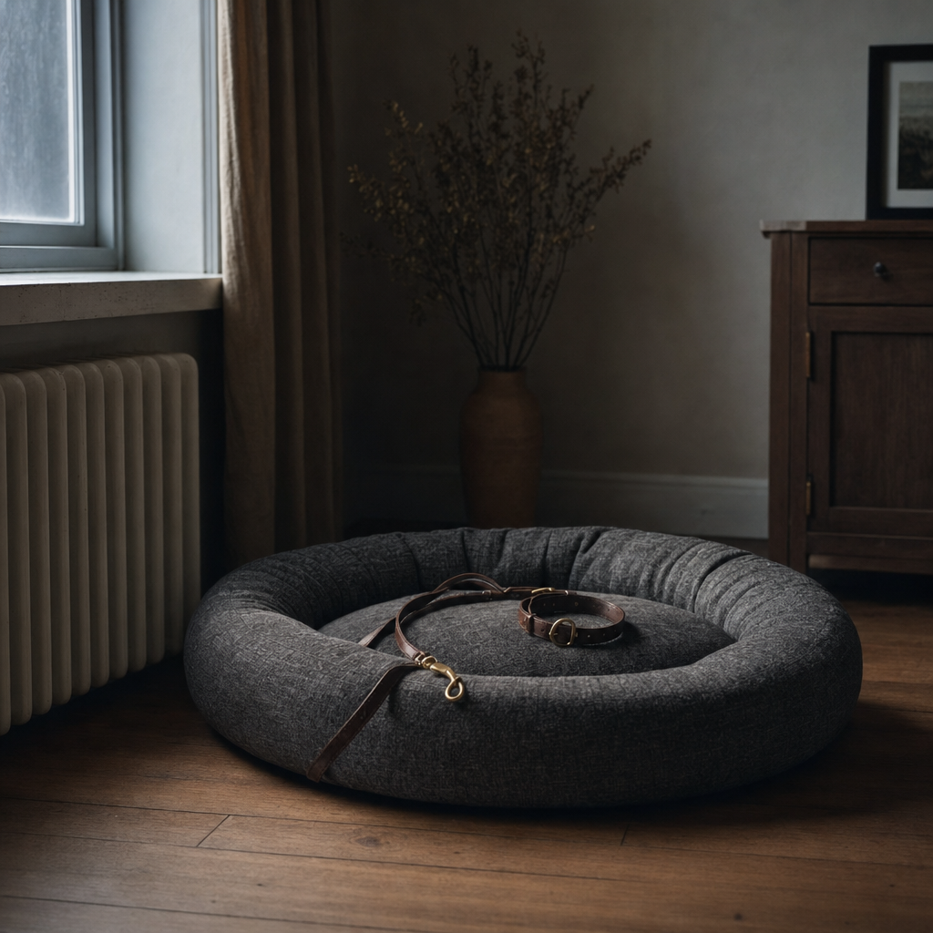 An empty dog bed in a quiet room