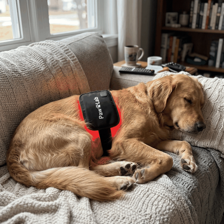 Golden Retriever relaxing at home in the PawLab red light pad