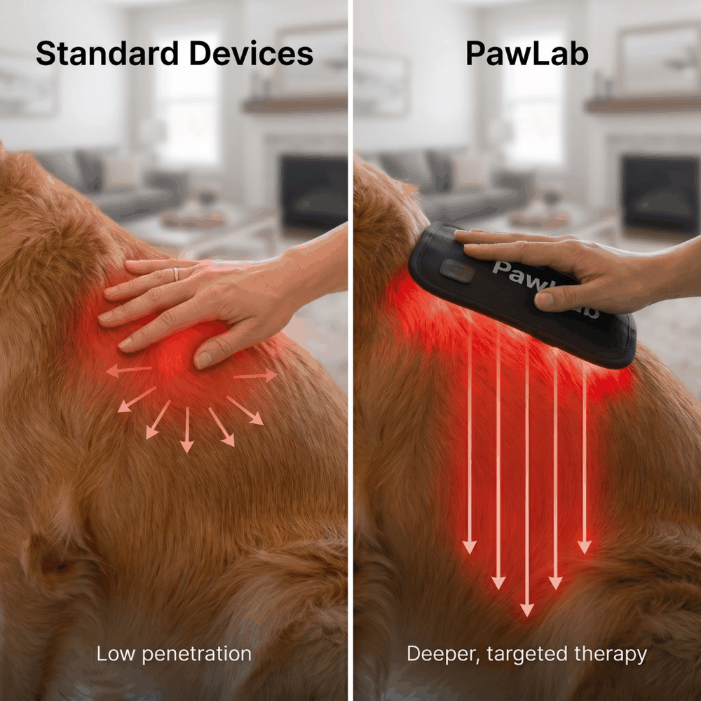 Standard devices stay near the surface while PawLab drives 660nm and 850nm light deeper into the tissue
