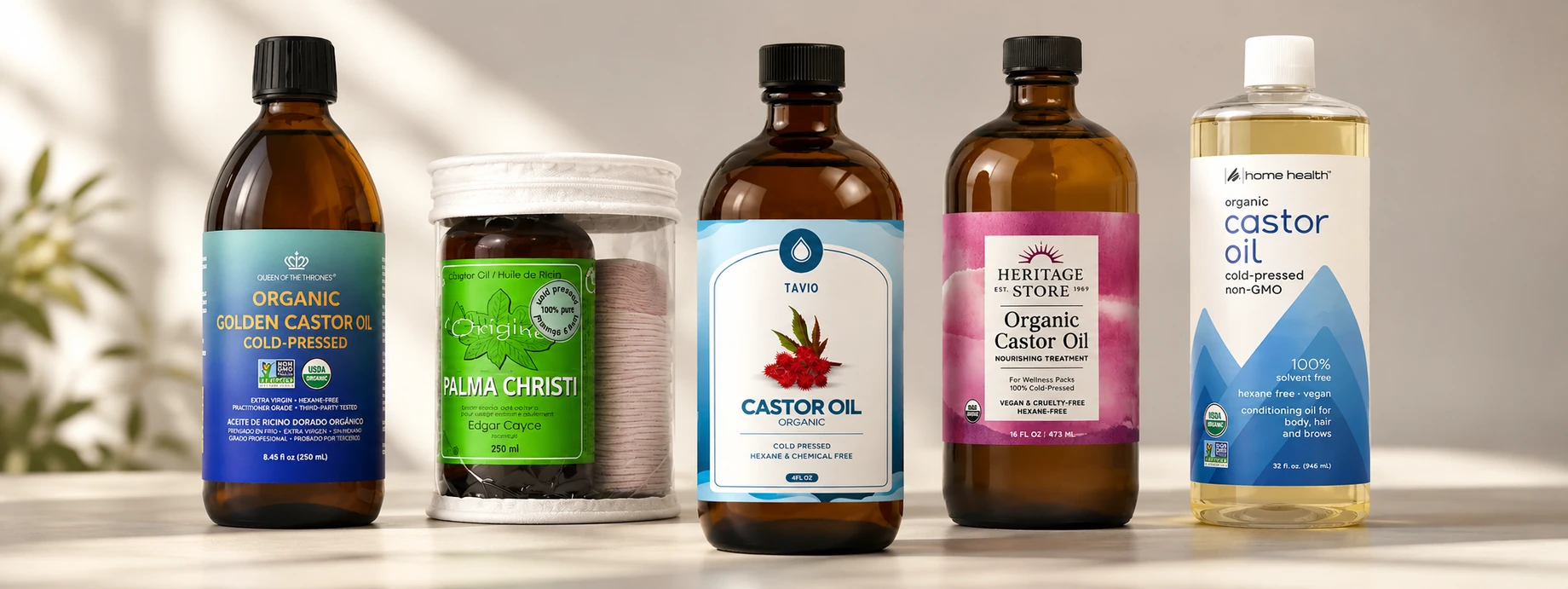The five castor oil products we tested, side by side