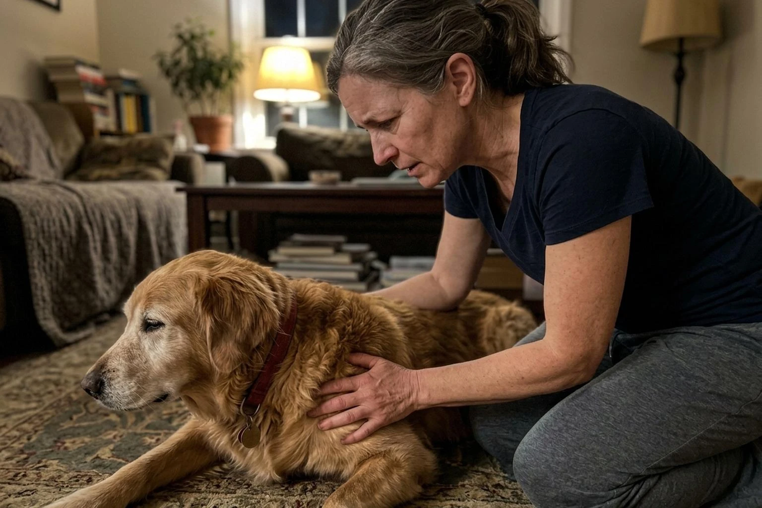 Owner kneeling on the rug late at night beside her senior Golden Retriever, her hand pressed into his side where she has just felt a lump
