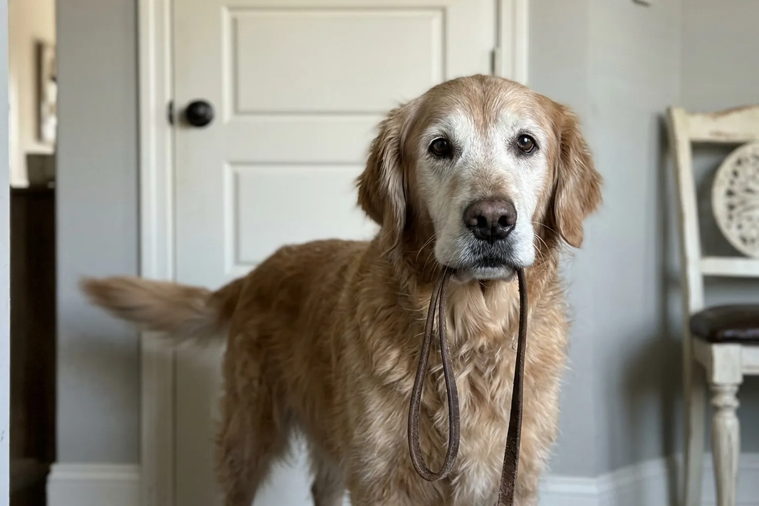 Senior Golden Retriever standing bright-eyed at the front door in the early morning with his leash in his mouth