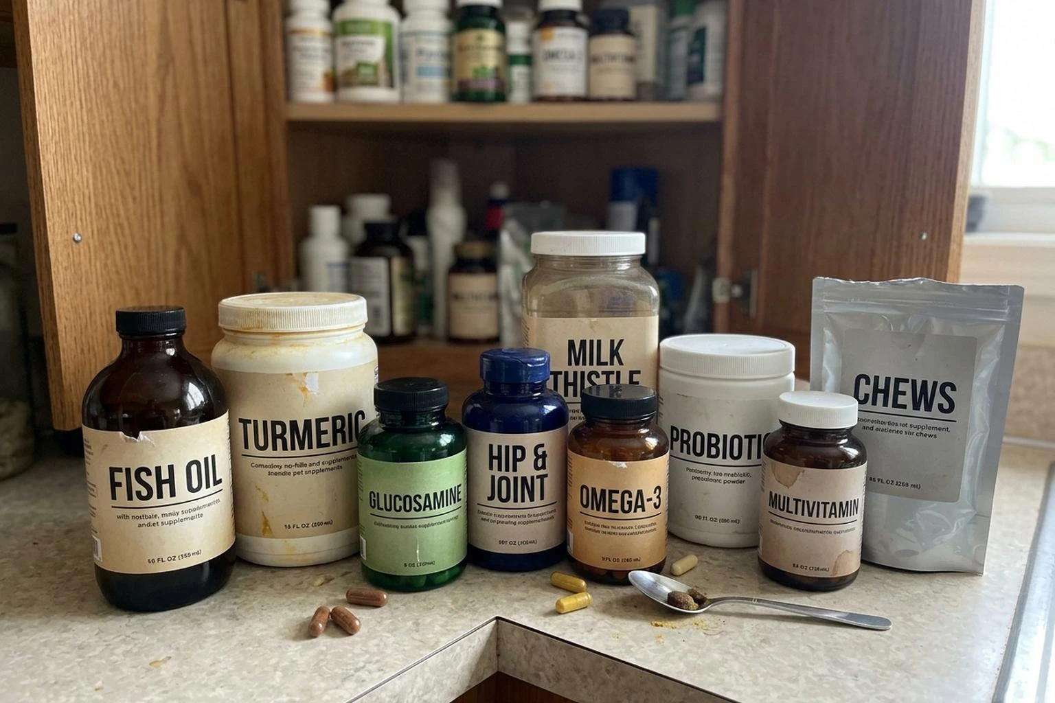 Kitchen counter and open cabinet crowded with half-used dog supplement bottles of fish oil, turmeric, glucosamine, omega-3 and joint chews bought over the years