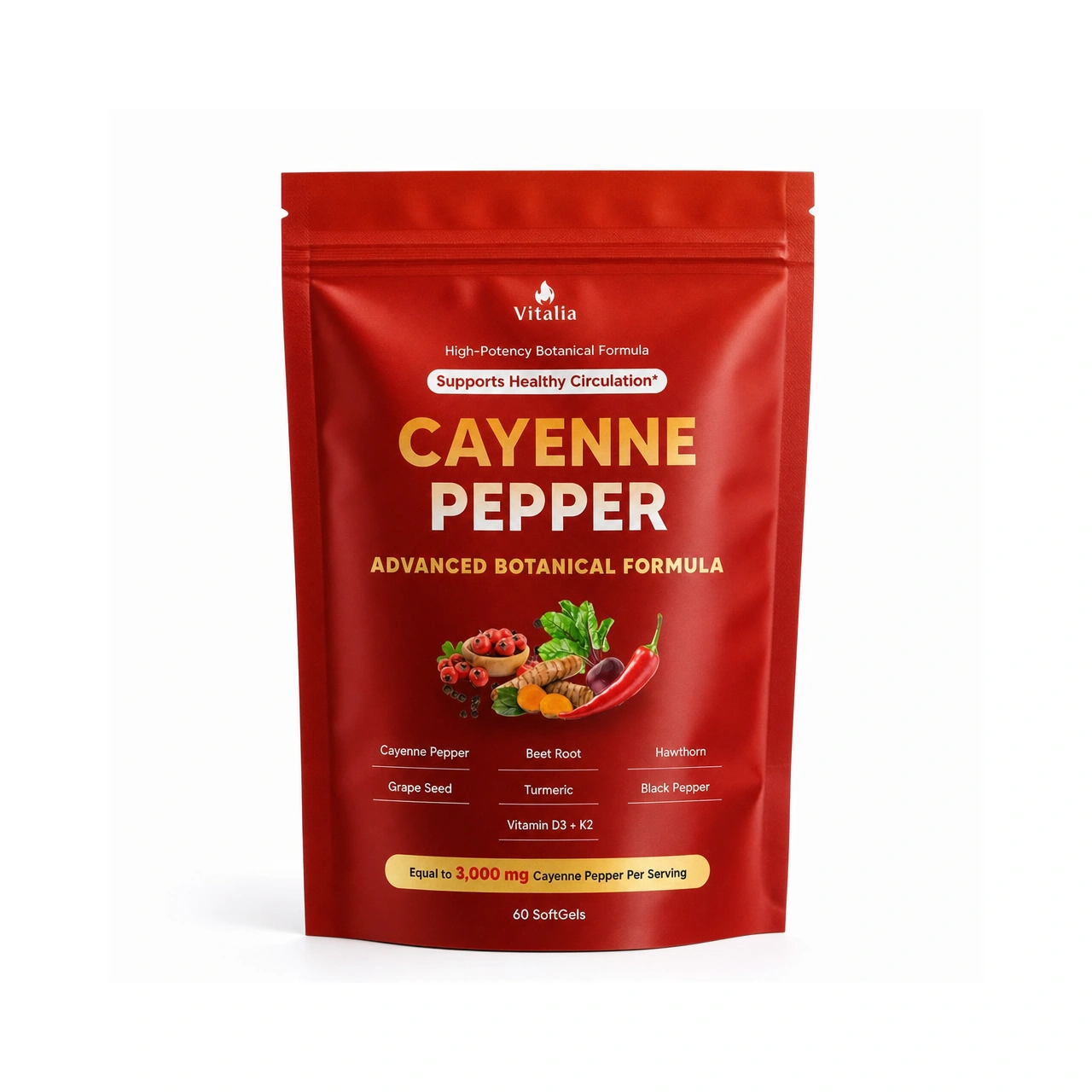 A bag of Vitalia Cayenne Pepper Softgels