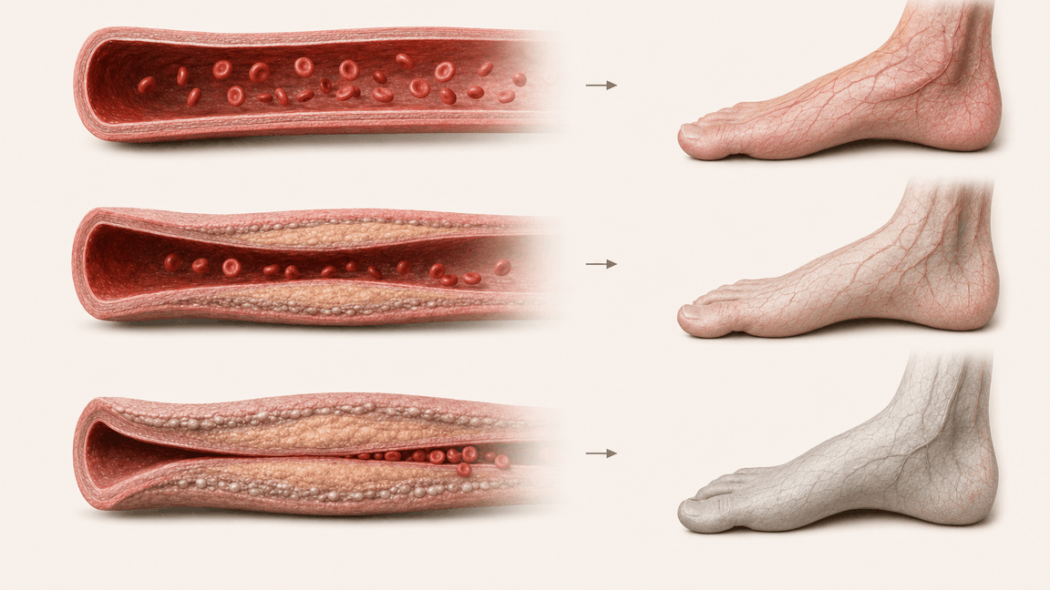 Diagram of a small blood vessel progressively narrowing, with the foot it feeds losing colour as circulation declines
