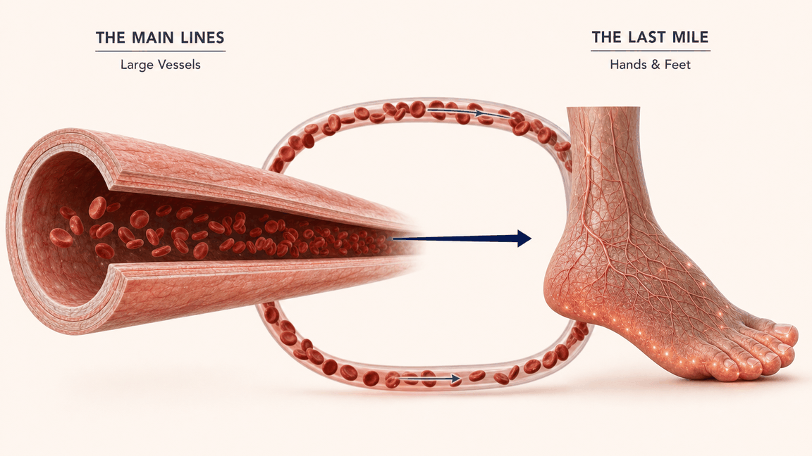 Diagram contrasting the large blood vessels with the fine capillaries that feed the hands and feet
