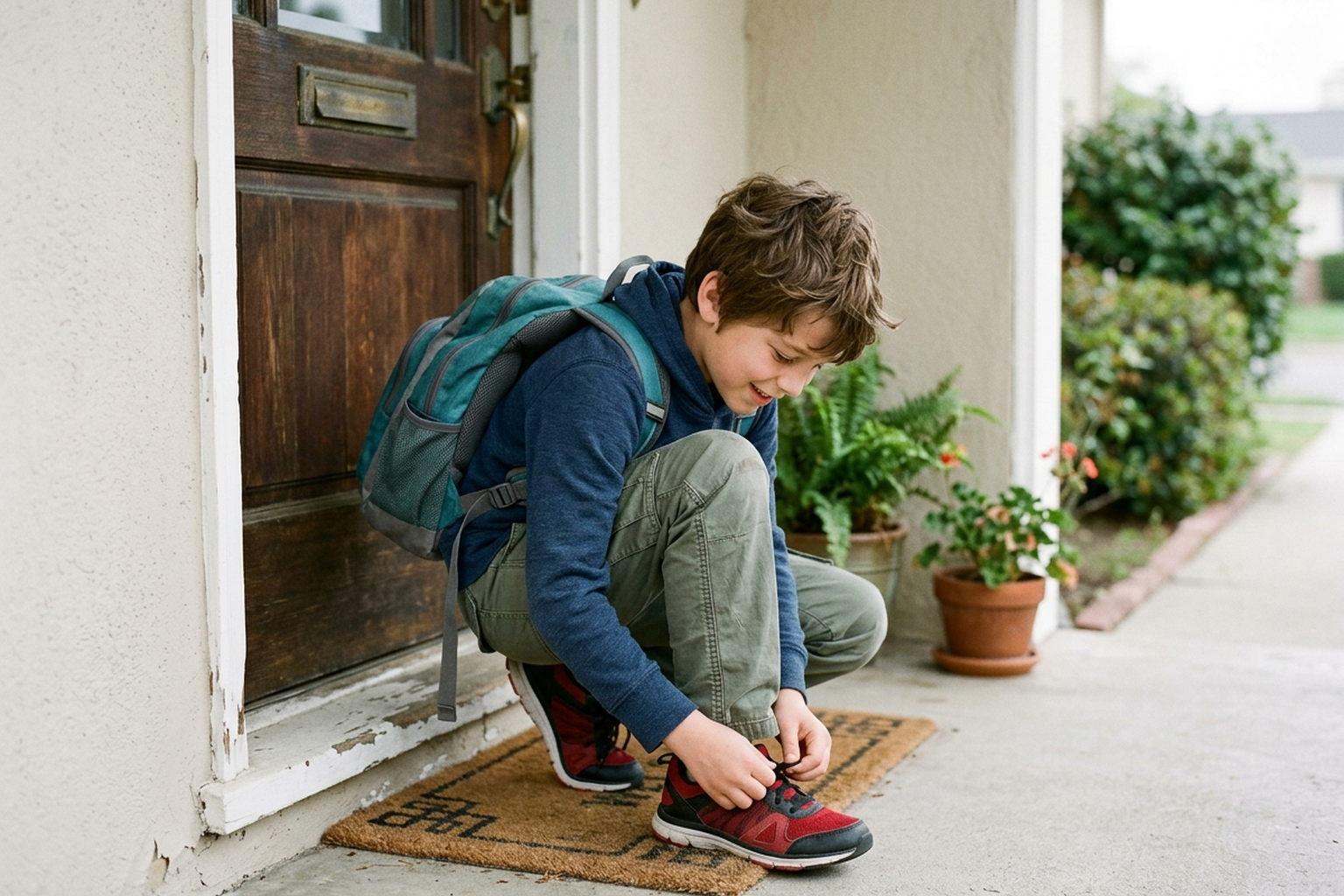 A young boy waking up smiling in a dry bed