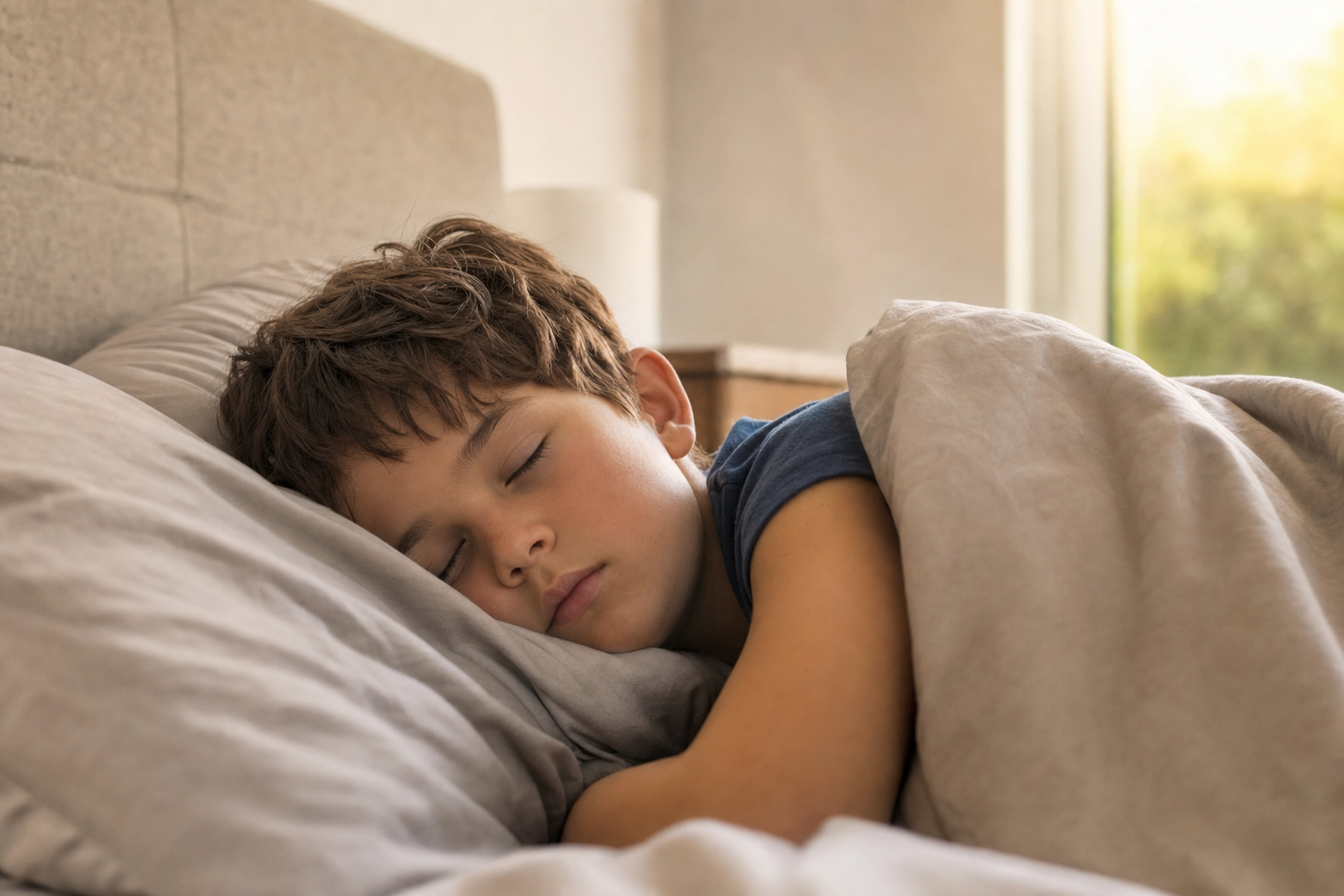 A mom tucking her 9-year-old son into bed at night