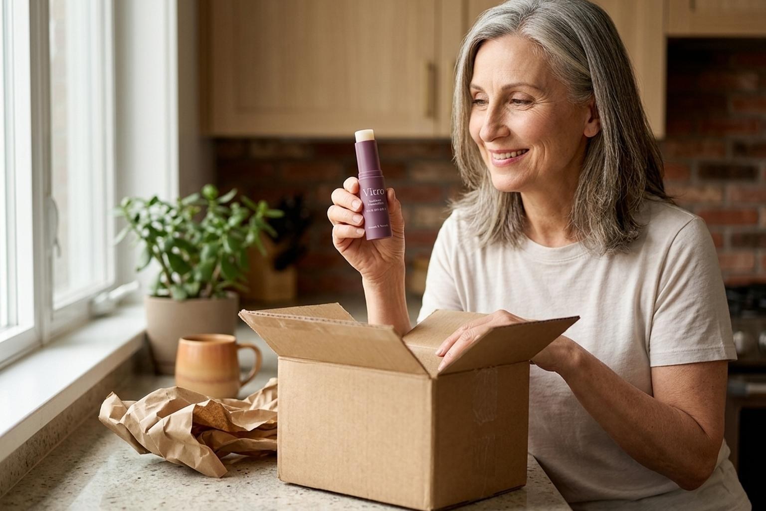 Woman holding the Vitro K-Beauty Balm stick she has just unboxed, a product that keeps selling out