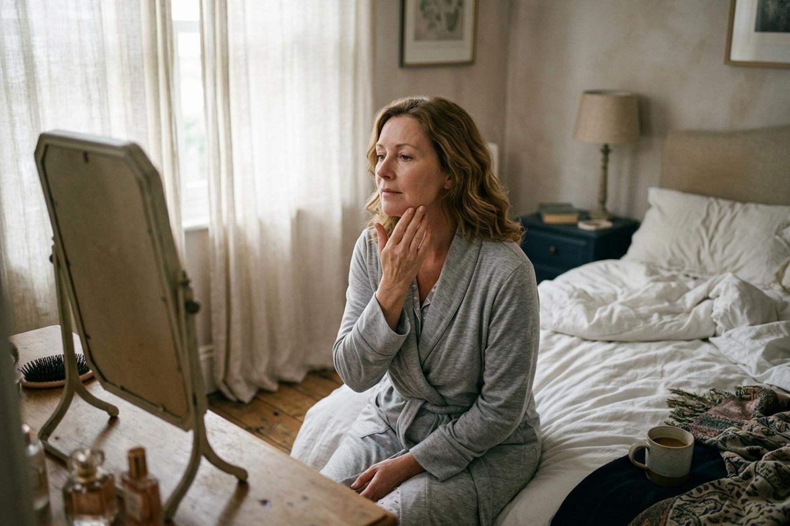 Woman in her fifties in profile, showing the fine lines and loss of volume that come with age