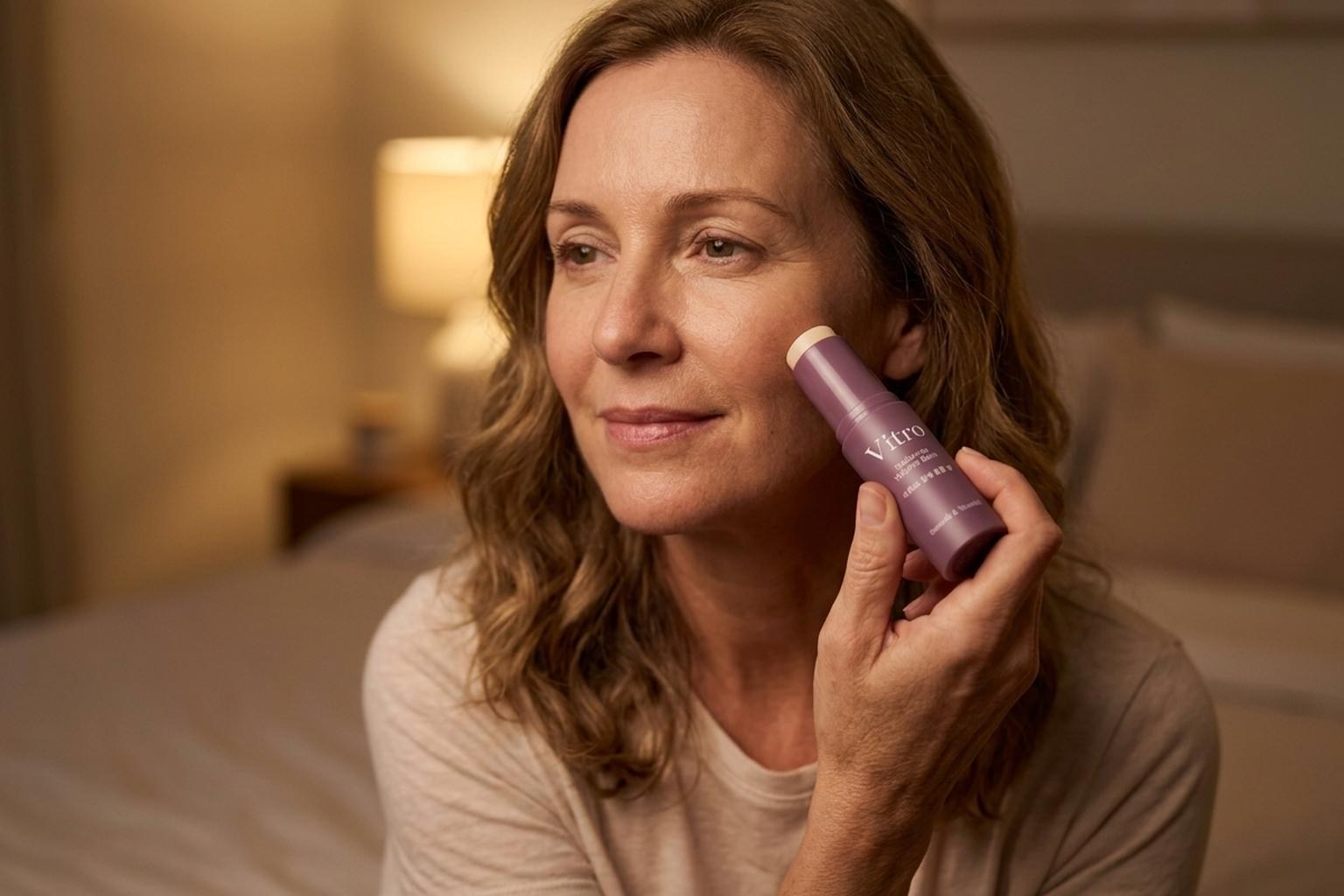 Woman at home in the evening, twisting open the Vitro balm stick and applying it to her face for the first time