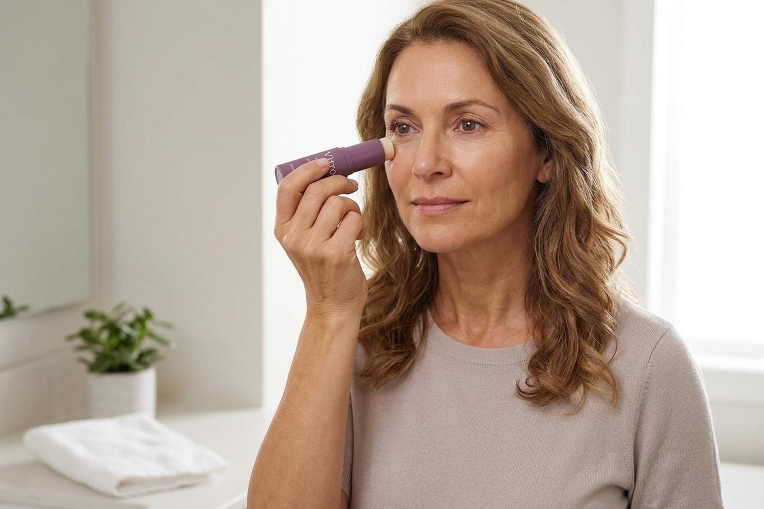 Close-up of a woman swiping the Vitro balm onto her cheek and under-eye area