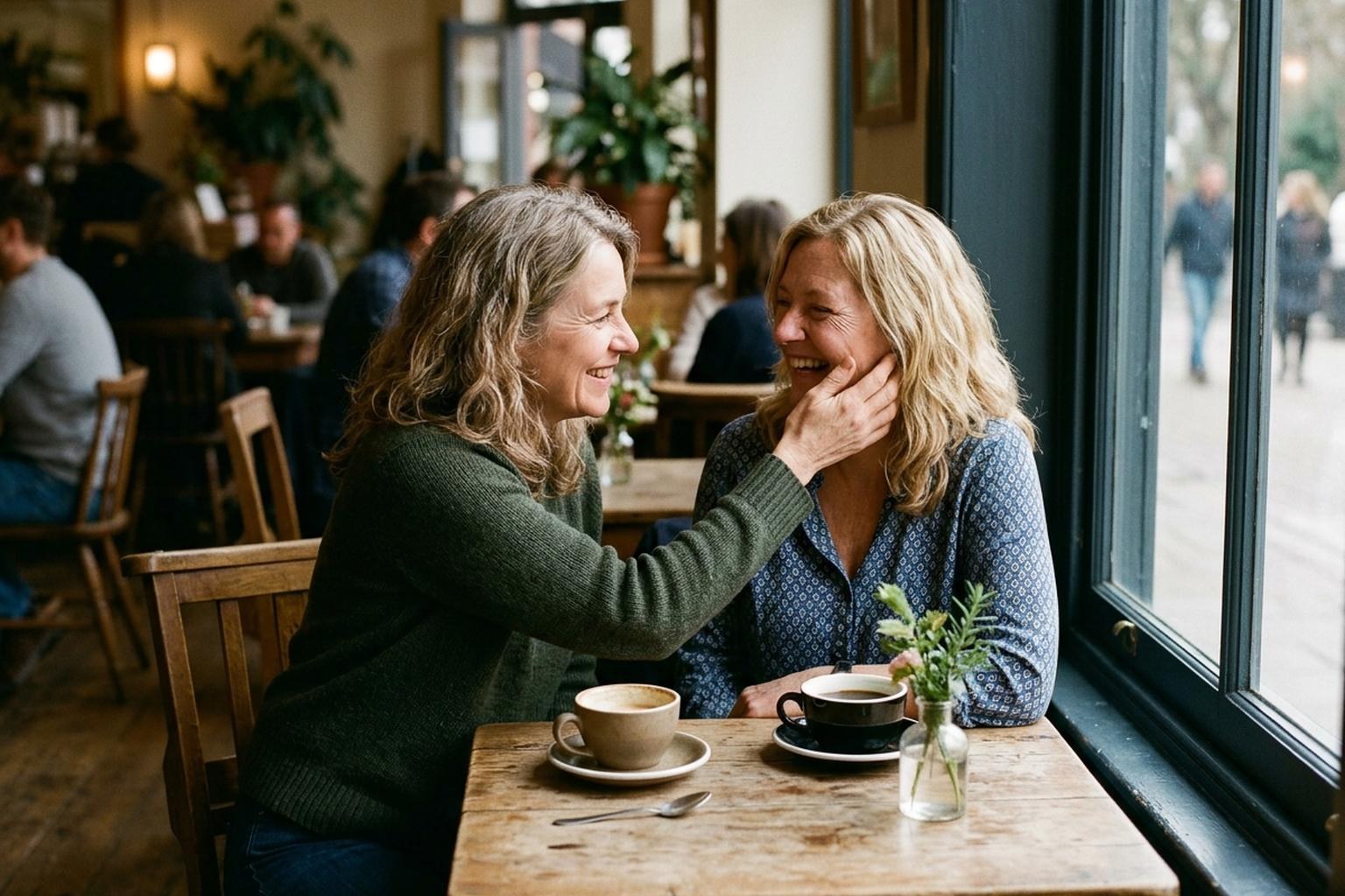 Two women in their fifties talking over coffee, one asking the other what she has been doing differently